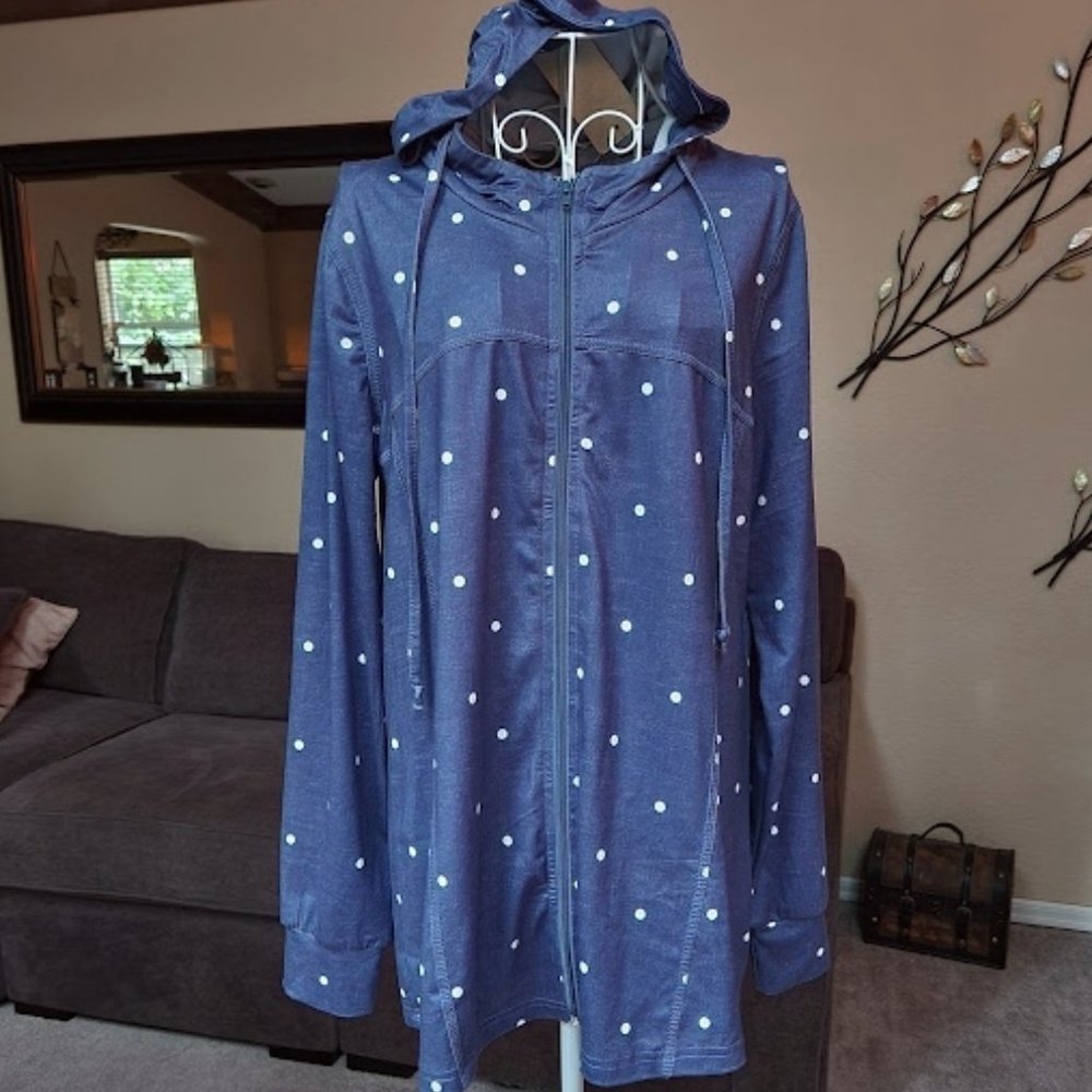 NWT Miusey zip up hoodie jacket sz large blue / white polka dot